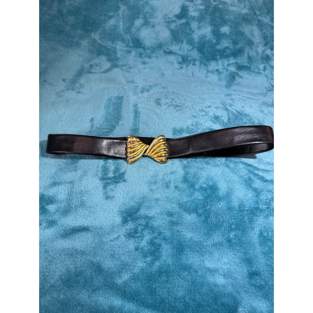 Vintage Black Leather Waist Belt Gold Silver Two Tone Bow Buckle Wide 27 Inch